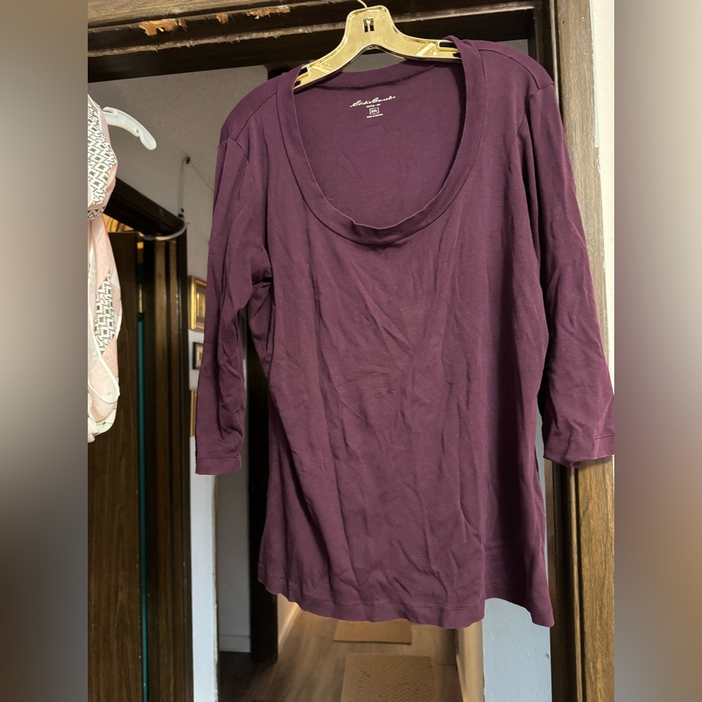 100% cotton purple shirt with 3/4 sleeves and round neck, soft!